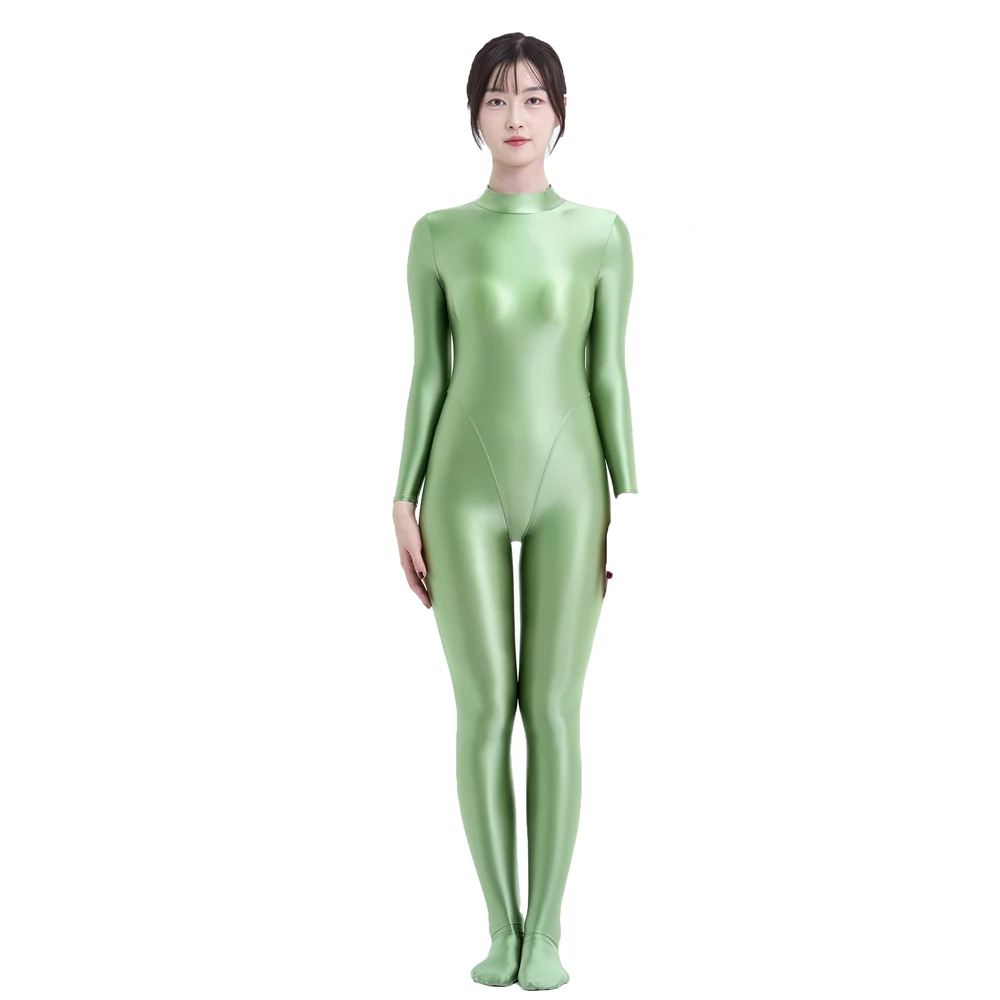 MJINM ผู้หญิงซาติน Glossy Spandex คอสูงแขนยาว V-รูปเป้า Zentai บอดี้สูทซิป Overalls Leotard