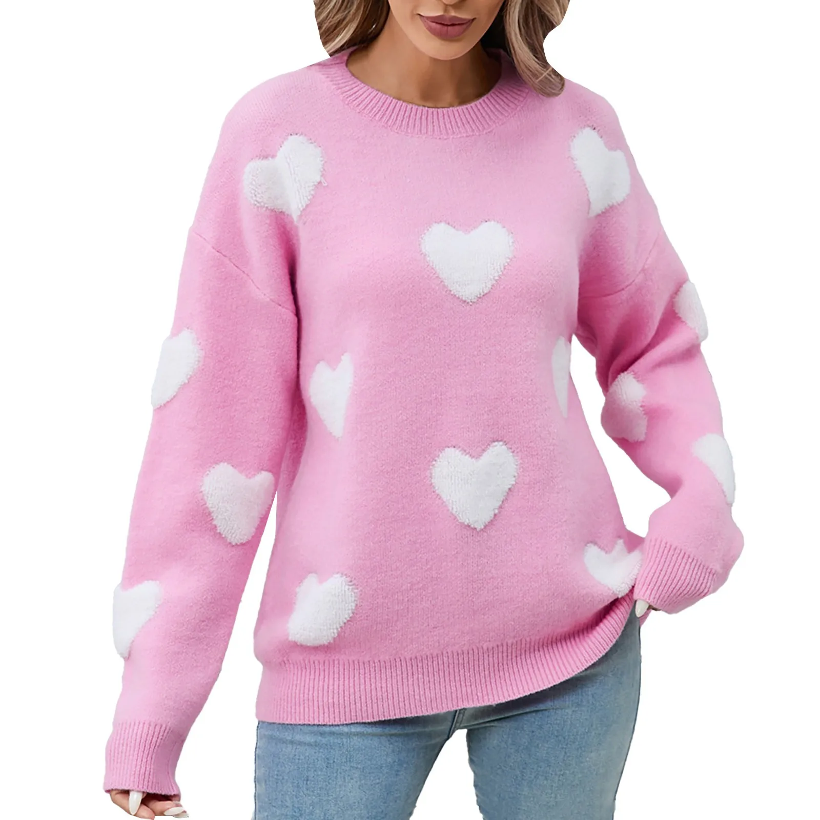 Sporty Chic Women's Valentine's Day Heart Pattern Sweater Long Sleeve Drop Shoulder Causal Sweet Love Pullovers Student Clothing