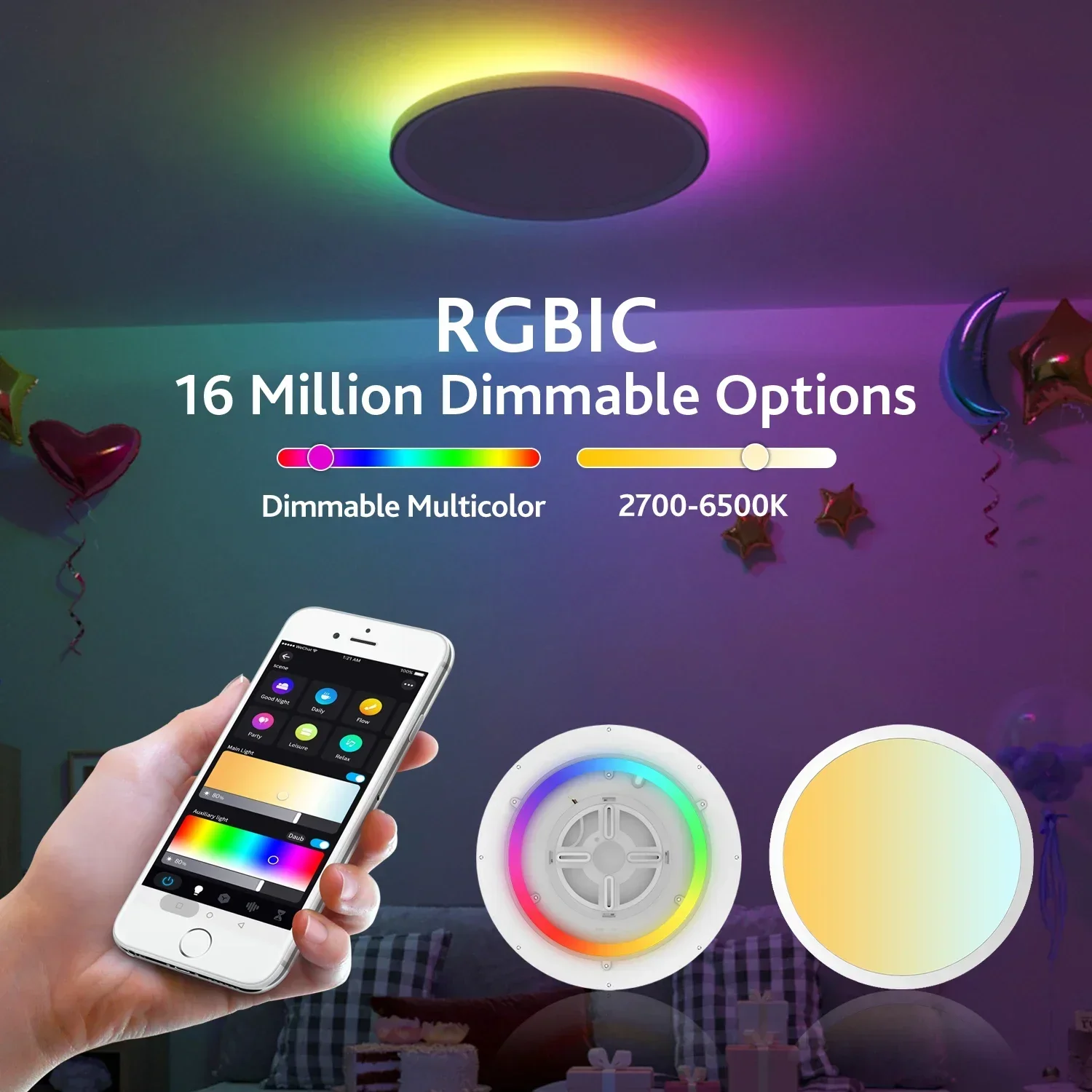 Plafonnier LED Intelligent avec Rétro-Éclairage RGBIC, Télécommande et Télécommande, Compatible avec Alexa et Google Home Assistant pour Chambre à Coucher, 30W