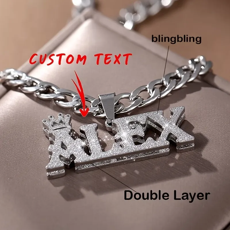 

Custom Name Double-Layer Necklace Personalized Crown Double Nameplate Pendant 304 Stainless Steel Cuban Chain Fashionable Chain