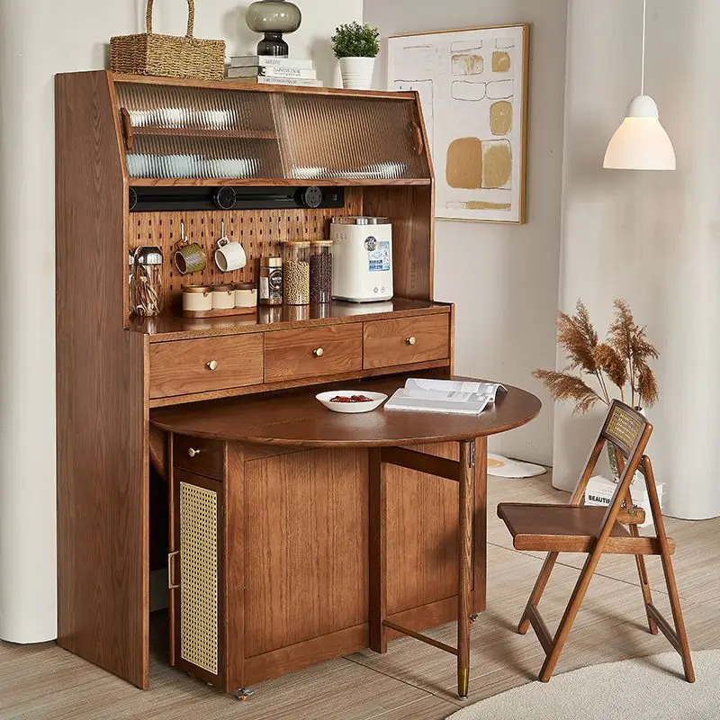 Foldable table integrated cabinet Nordic solid wood dining side cabinet  kitchen combination high cabinet cupboard
