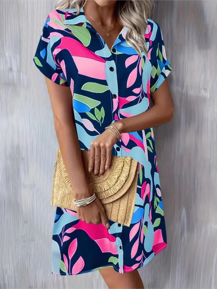 Robe d'été à manches courtes pour femmes, nouvelle mode, tempérament, revers, taille ample, chemise imprimée, boutons, robes décontractées