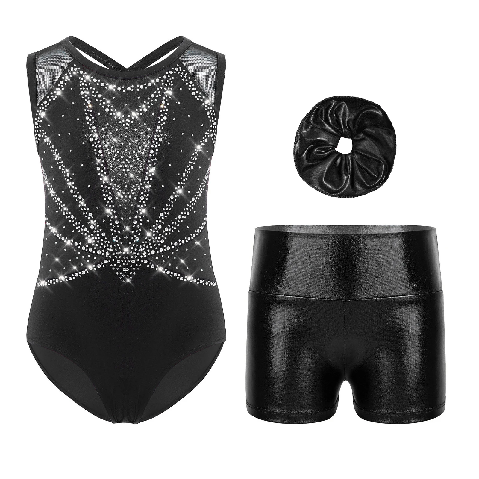 

Kids Girls Gymnastics Figure Skating Dance Costume Set Sleeveless Crisscross Back Shiny Rhinestones Leotard+Shorts+Headwear Set