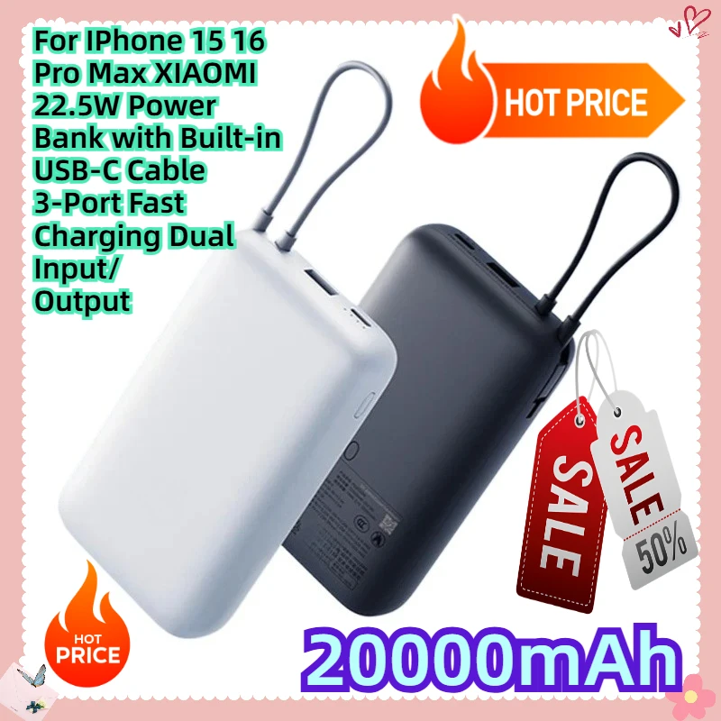 For IPhone 15 16 Pro Max XIAOMI 20000mAh 22.5W Power Bank with Built-in USB-C Cable 3-Port Fast Charging Dual Input/Output