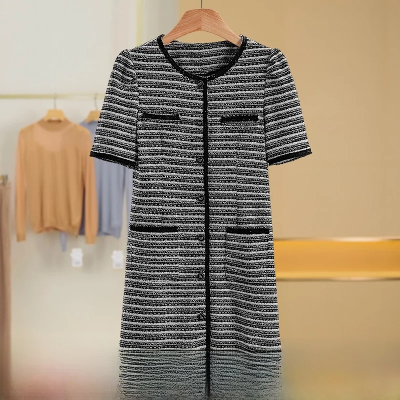 Ele round Ne Striped Dr Xiaolang Sle صيف جديد وصول المرأة الدكتور البوليستر مزيج القطن ort Sve ميدي الدكتور #1