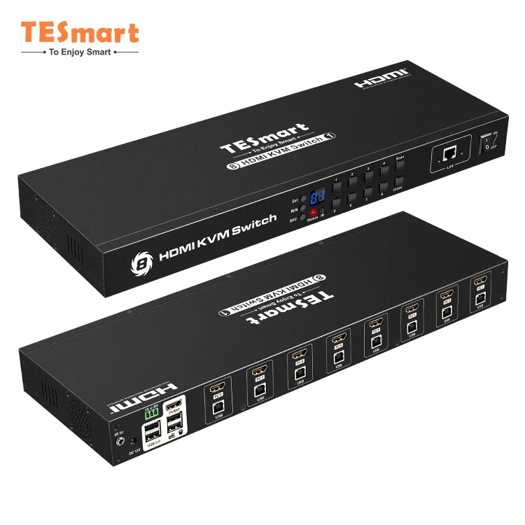 8x1KVM Switcher remoto USB 2.0 8 em 1 saída 4K 30Hz EDID 1U 19 polegadas Rack 8 portas HDMI KVM Switch para PCS