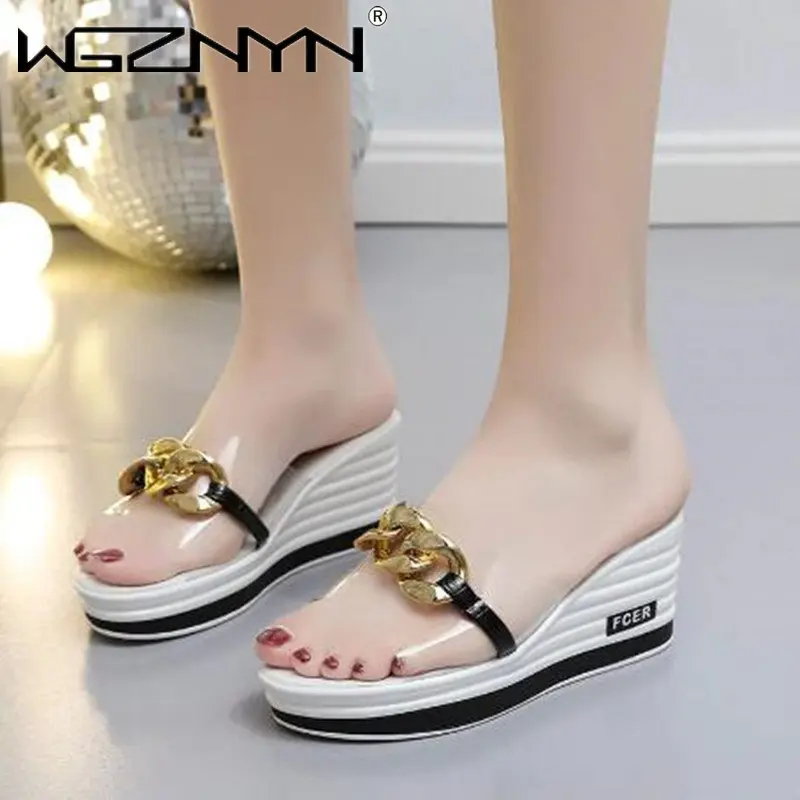 Women Wedges Mid Heels Slipper 2023 Summer New Chain Fashion Slides Transparent Sport Beach Dress Ladies Sandals Flip Flop Pumps