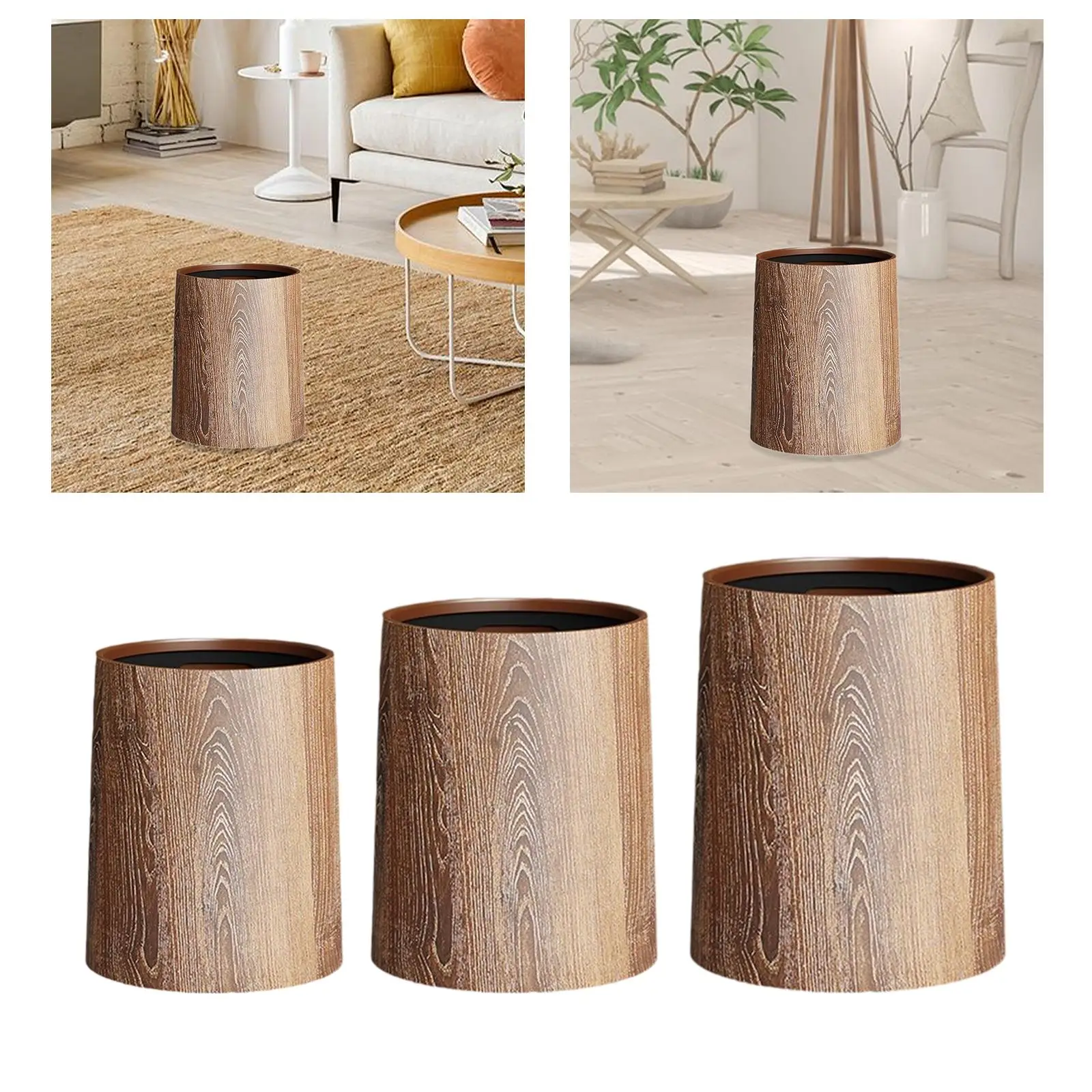 Imitation Wood Grain Trash Can Paper Basket Modern Home Portable Garbage Container for Restroom School Entryway Dorm Laundry