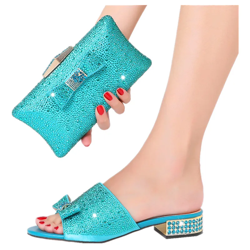 

Africa Nigeria Summer Italy Latest Design Colorblock Flower Ladies High Heel Slippers and Bag Sets for Birthday Party