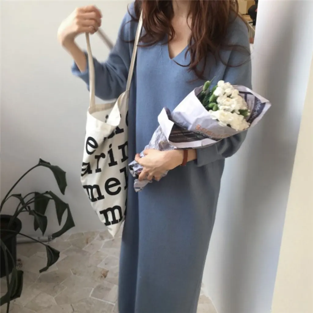 

Korean-Style Slim V-Neck Multicolor Rabbit Fur Knitted Dress Chic Thickened Sweater Long One-Piece Loose Fit Upperwear