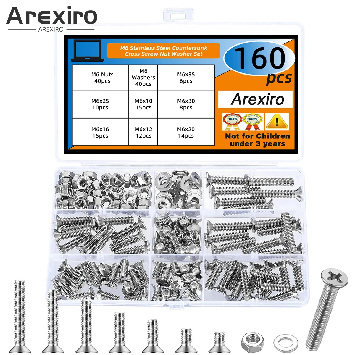 160Pcs M6x10/12/16/20/25/30/35mm Flat Head Machine Screws Nuts and Bolts Set with Washers Cross Head Screw Assortment Kit