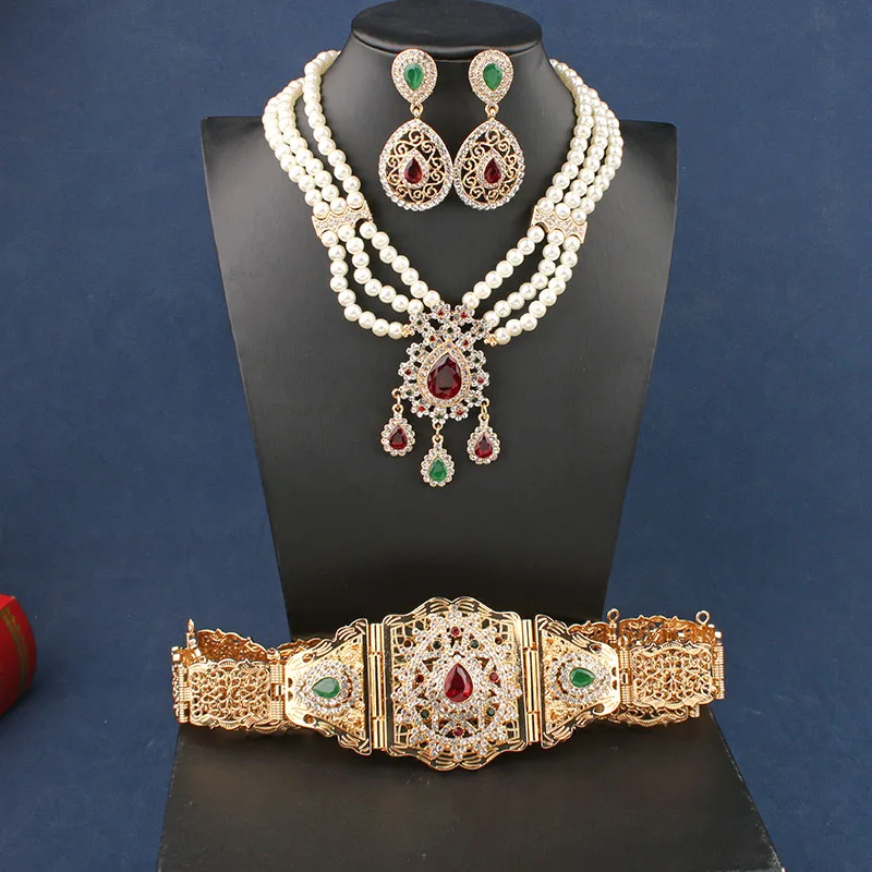 Ensemble de bijoux de mariage arabe, pendentif en cristal vert, ceinture en métal marocaine, Imitation de perle, boucles d'oreilles, collier pour femmes,