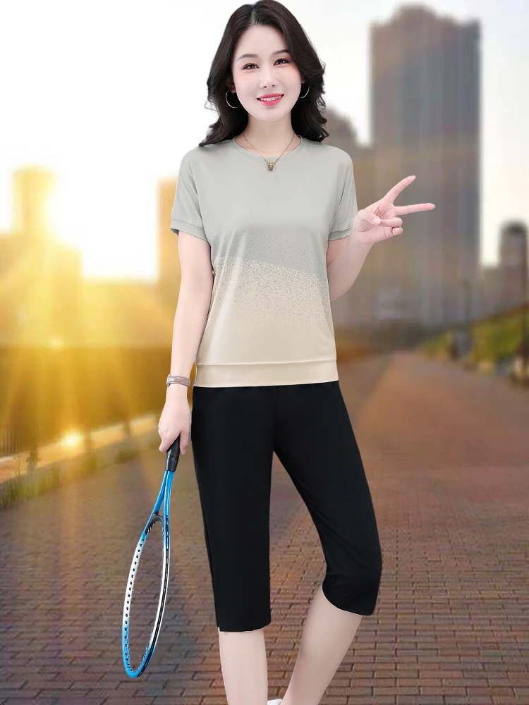 Qui Dry Sportswear Set for Women Summer Thin Sle Agel Mom Fit Seven-Foot Pants Casual Sportswear ort Sve round Ne