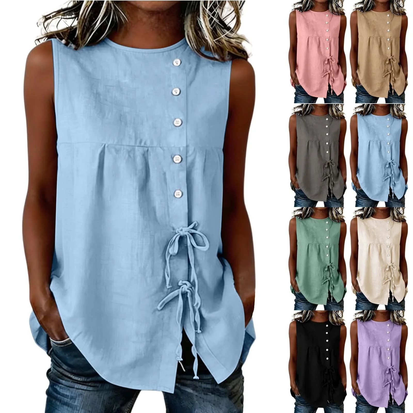 Women Lace Up Sleeveless Shirts Solid Colors Cotton Linen Tops Summer Casual Patchwork Loose Women's Bandage Blouses 2026 New