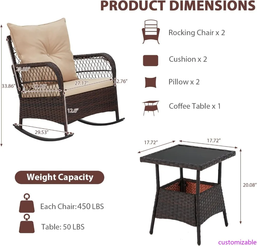 طقم فناء مكون من 3 قطع مع كراسي هزازة ووسائد سميكة وطاولة زجاجية لجانب حمام السباحة في الحديقة الخارجية