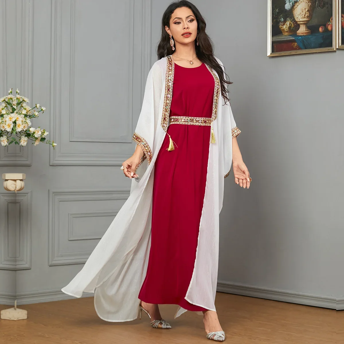 2024 New Style Muslim Women's Long Robes in Turkey and Arabia, Dubai Abaya, Light Luxury Fashion Long Dress Two-piece Dress