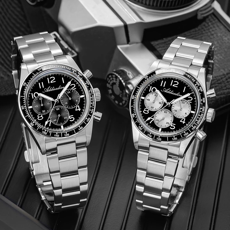 ADDIESDIVE Men Luxury Chronograph Quartz Watch Stainless Steel Case Ceramic Bezel BGW9 Luminous Bubble Crystal Sports Watch