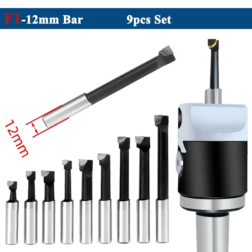 F1-12mm Bar Boring Hole Boring Bar Set Tungsten Carbide Bar Boring Head MT2 MT3 R8 BT NT Boring Bar Set Boring Device 9pcs