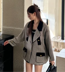 High-end women's 23 new autumn and winter fashion retro color contrast lapel herringbone wool coat