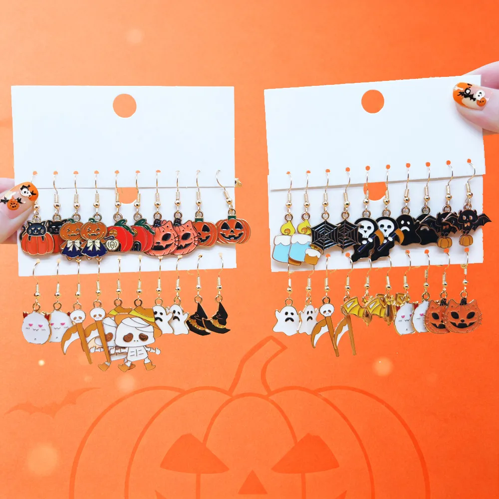 40PCS/20Pairs Halloween Enamel Dangle Earrings Set Pumpkin Ghost Bat Skull Witch Hat Drop Earrings Women Holiday Party Jewelry