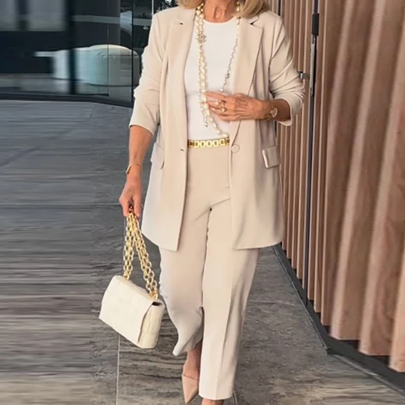 

Female Elegant Two Piece Commuter Suit Autumn Lapel Collar Long Sleeve&Straight Pants Set Spring Straight Button Women Set 2024