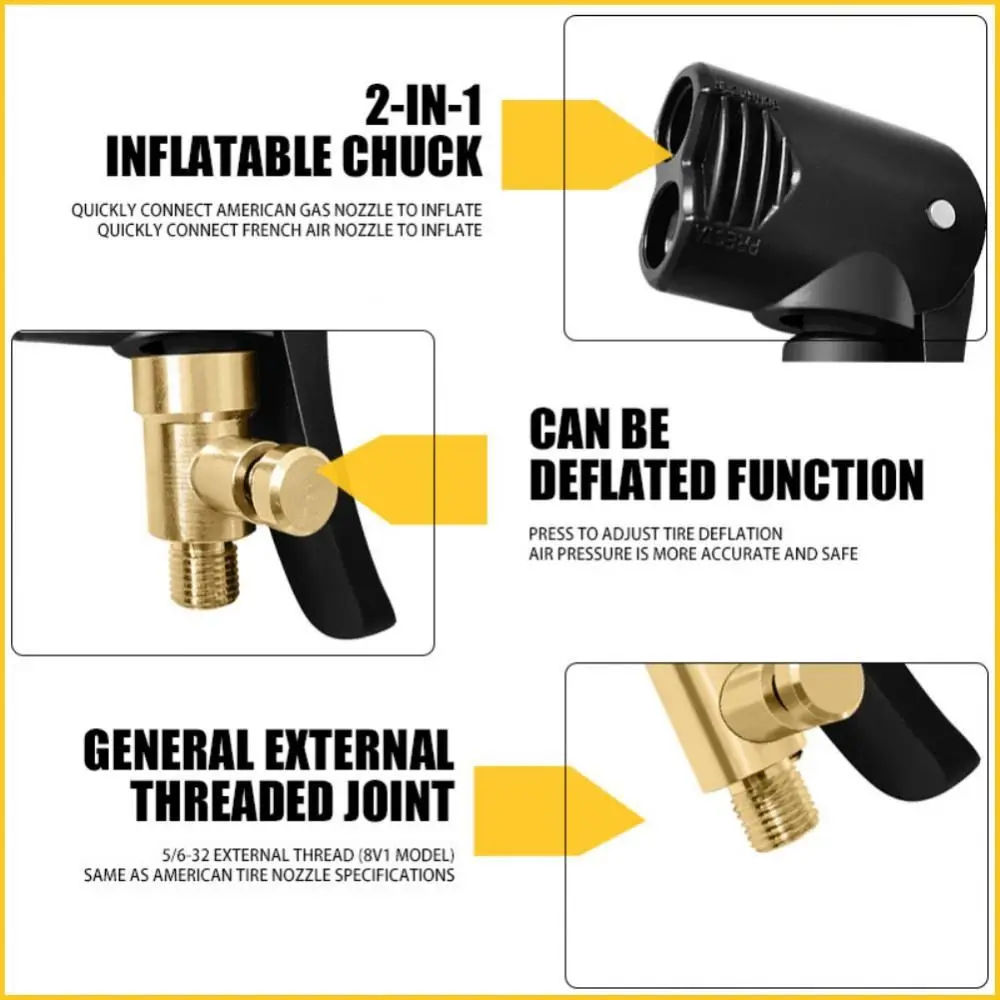 Schrader/Presta Valve Tire Air Pump Nozzle Deflated Portable Tire Inflation Valve Adapter 2-in-1 Inflatable Pump Connector