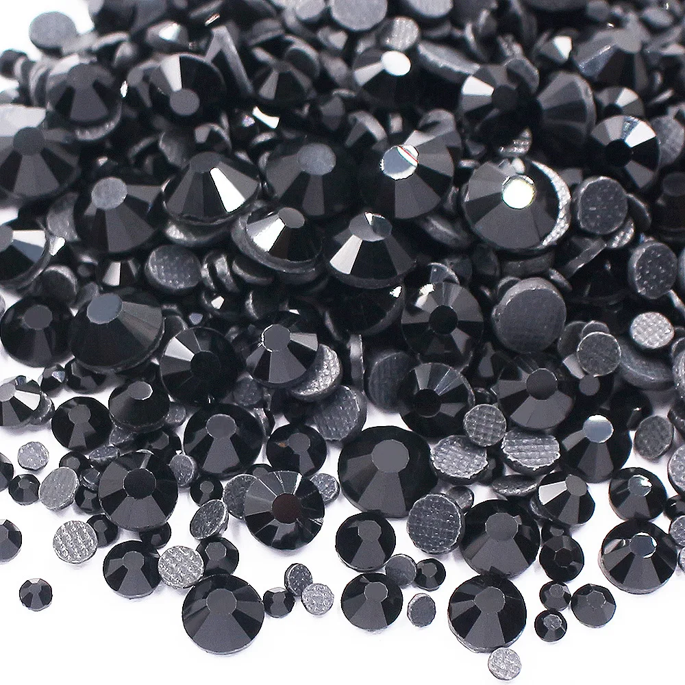 1500pcs-3000pcs Mixed Size Black Crystal Strass Glass Beads Flatback Adhesive Stones Hot Fix Rhinestones for Clothes Fabric Gems