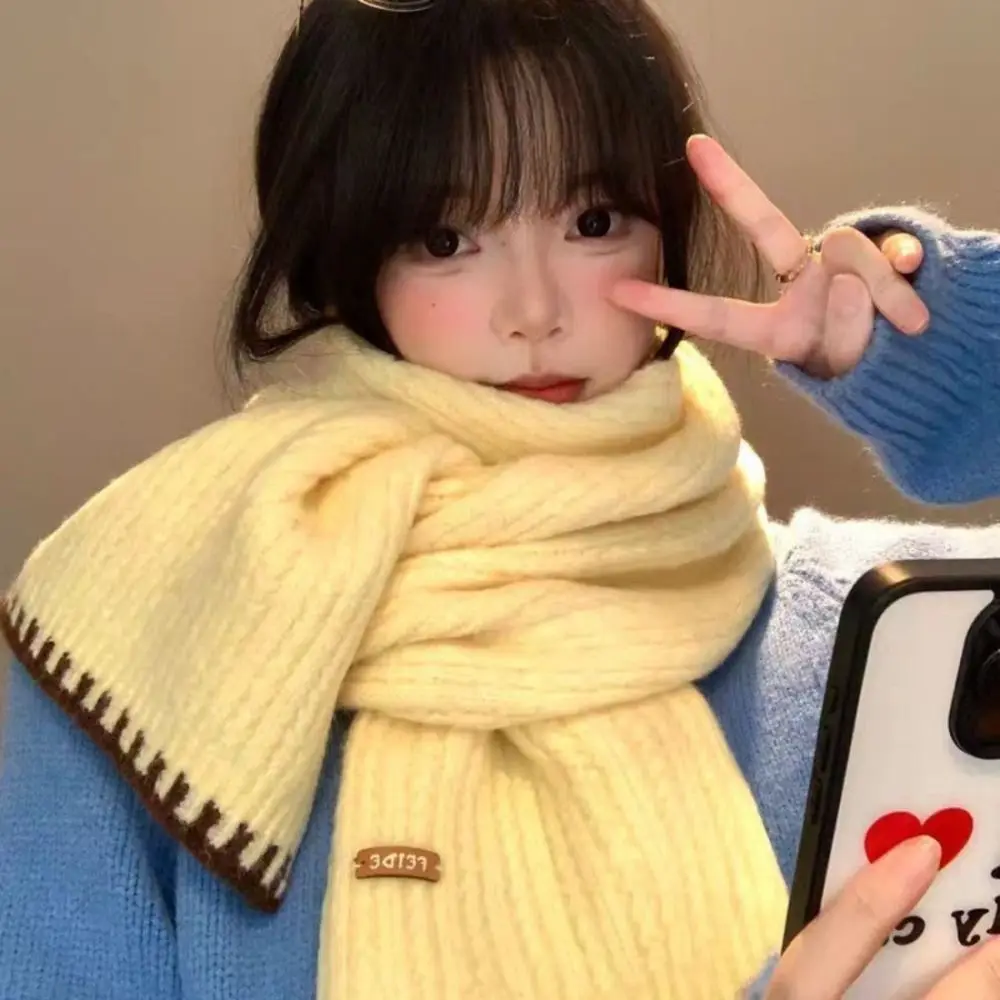 Fashion Knitted Women Knit Yarn Scarf Thermal Windproof Cold Proof Neck Wrap Two Tone Edge Warm Fall Winter Scarf Women