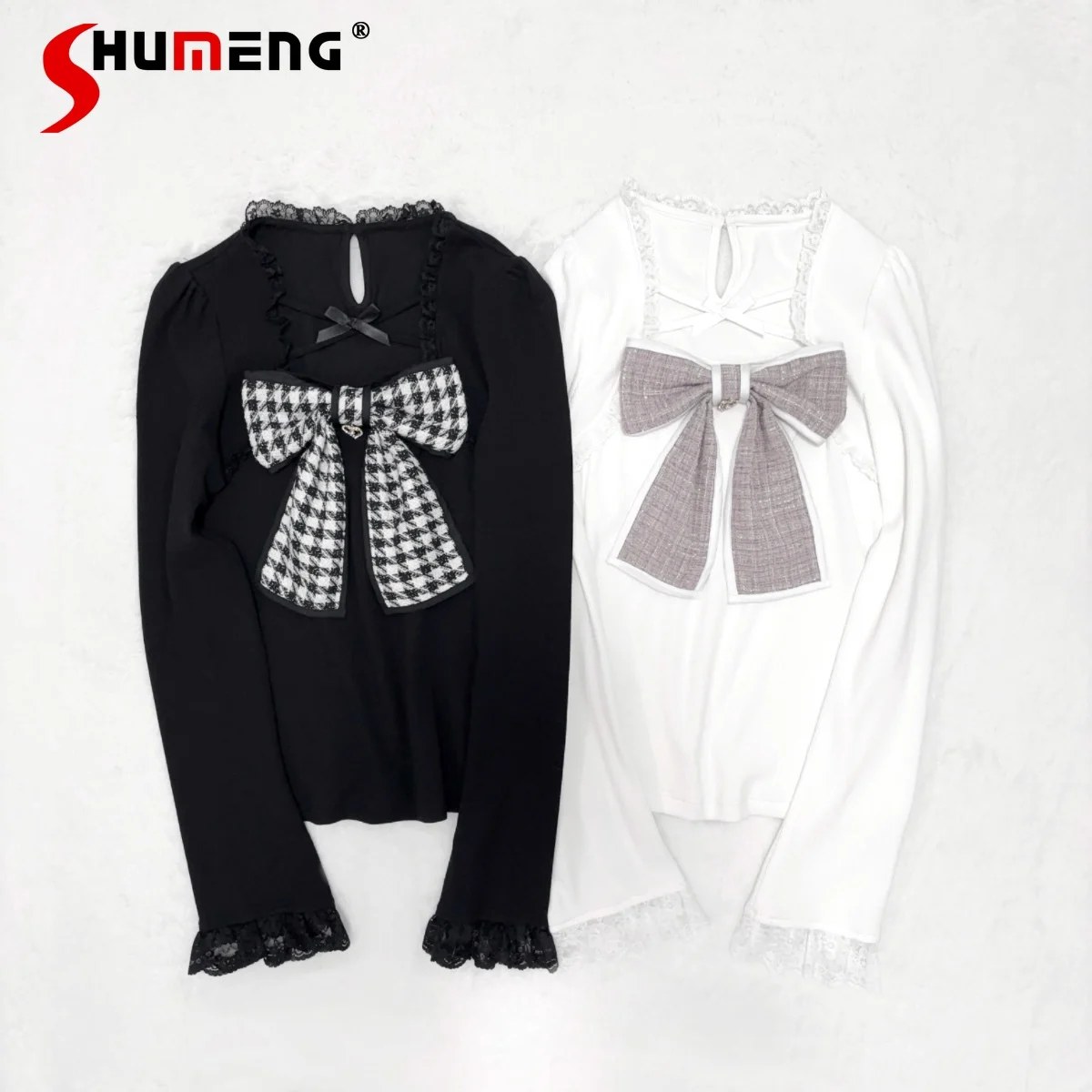 

Japanese Mine Sweet Lolita Knit Long-Sleeve Top Spring and Autumn Girls Cute Big Bow Slim Fit Elegant Knit Pullover T-Shirts