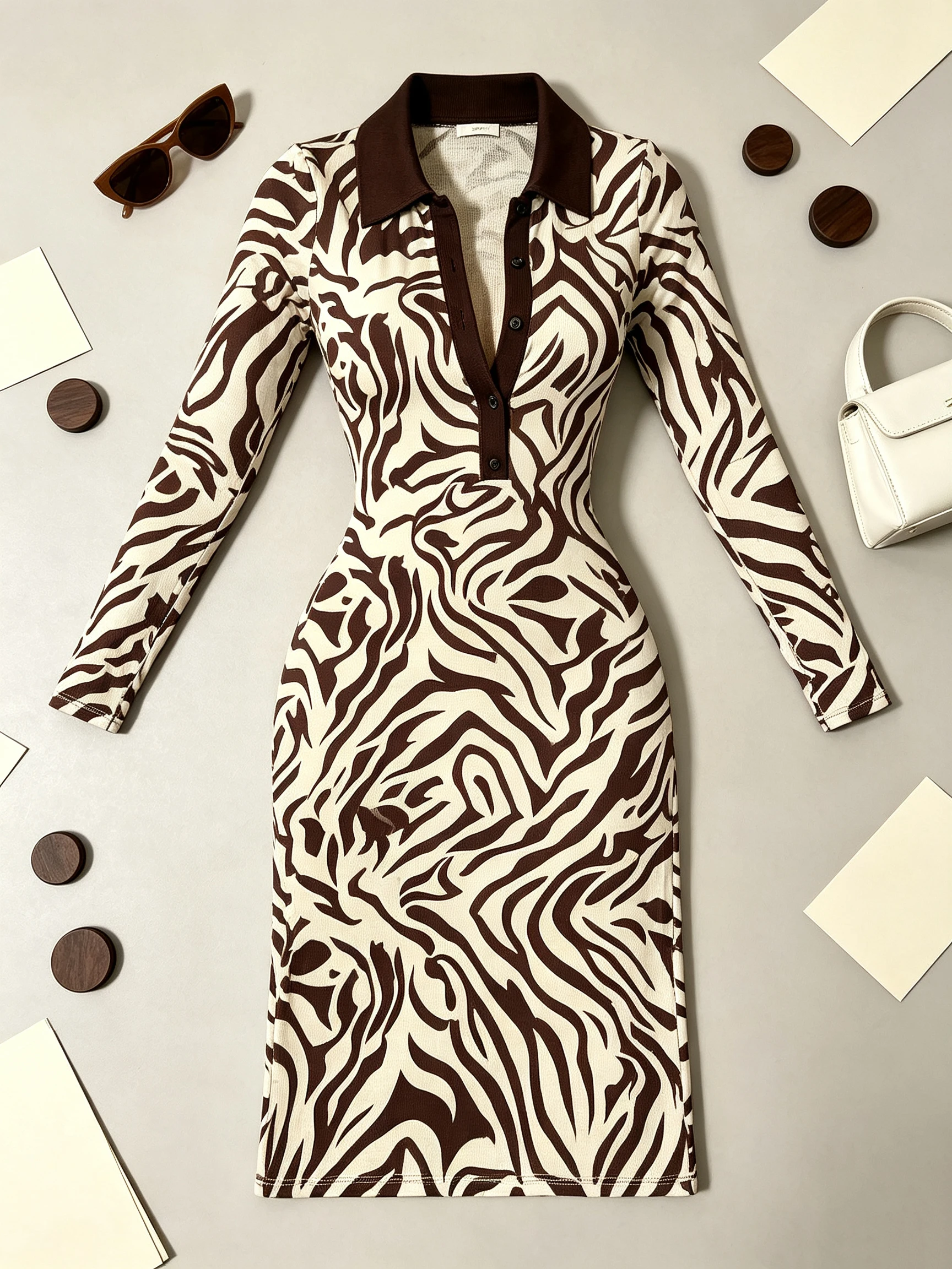 Women's Color Block Printed Long Sleeve Dress Casual Lapel Button Mid-Length Skirt Autumn Fashion