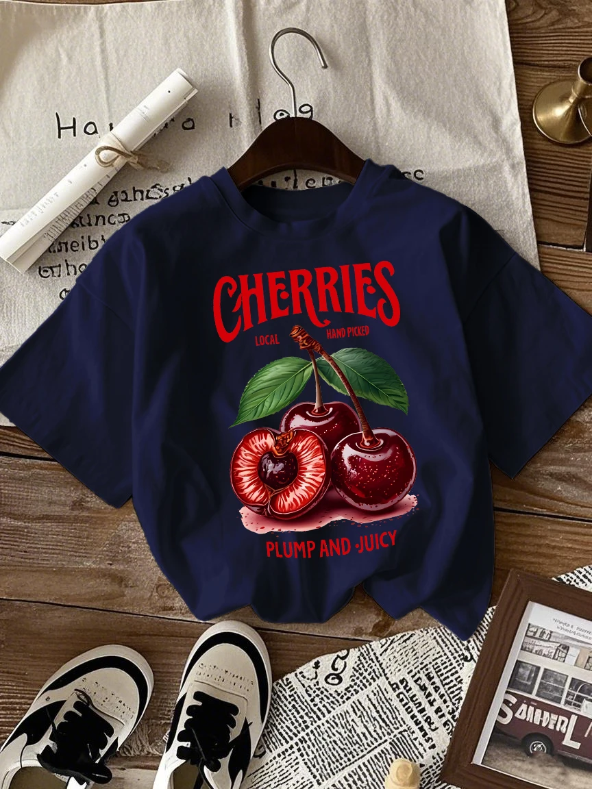 Kirschen Lokale Hand Picked Plump And Juicy Print Frauen T-Shirt Hip Hop Y2K Kleidung All-Match Baumwolle T Shirt lose Sommer Top