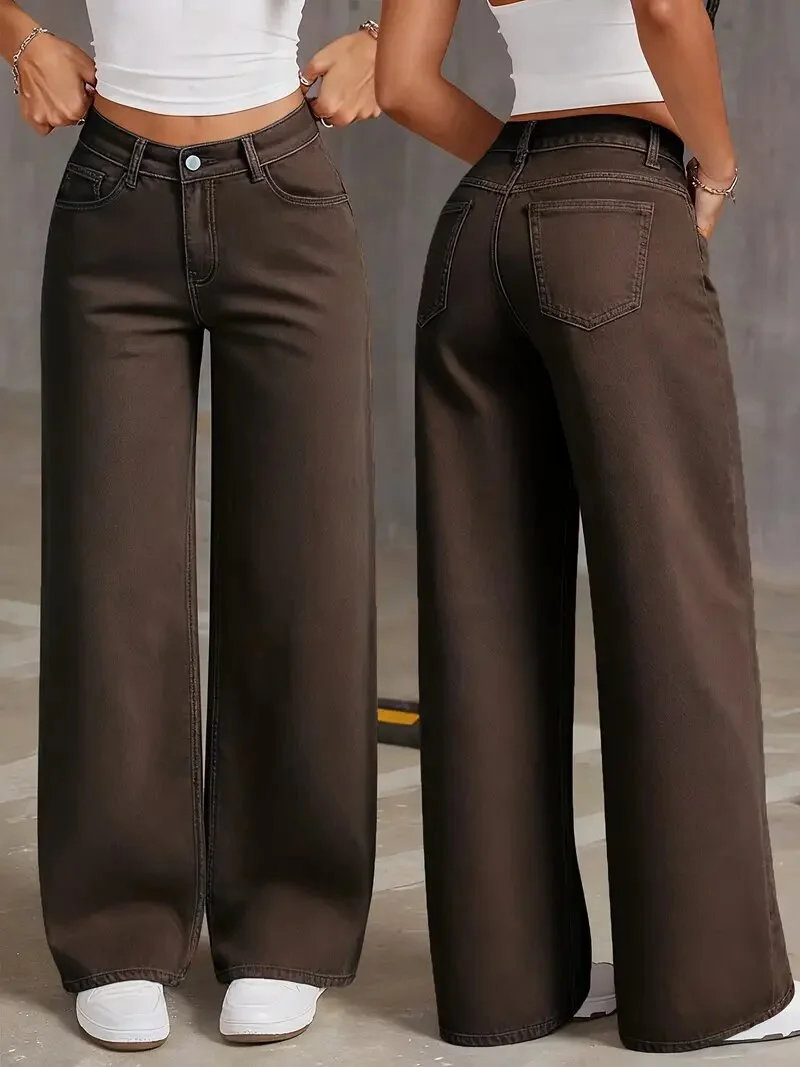 

Джинсы с высокой талией и широкими штанинами, весна 2026, новые женские свободные прямые повседневные брюки, эластичные универсальные однотонные джинсовые брюки