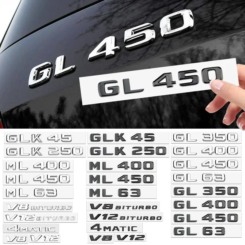 Car 3D logo Glossy Black Trunk Letters Number Badge ABS Emblems for Mercedes Benz GLK300 GL400 ML450 ML63 GL63 V8 Bitrubo 4MATIC