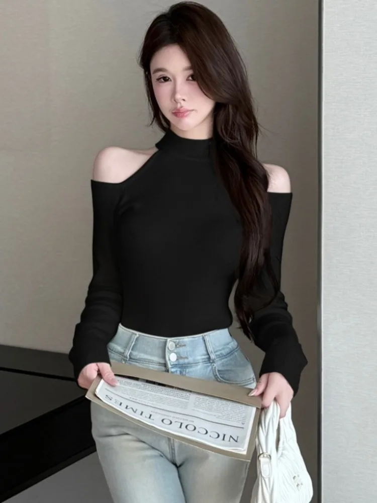 Korean Style Basic Knitted Shoulder Bared Women's T-Shirt Soft Skin-friendly Sexy Inner Wear Top Long Sleeve Autumn Fashion