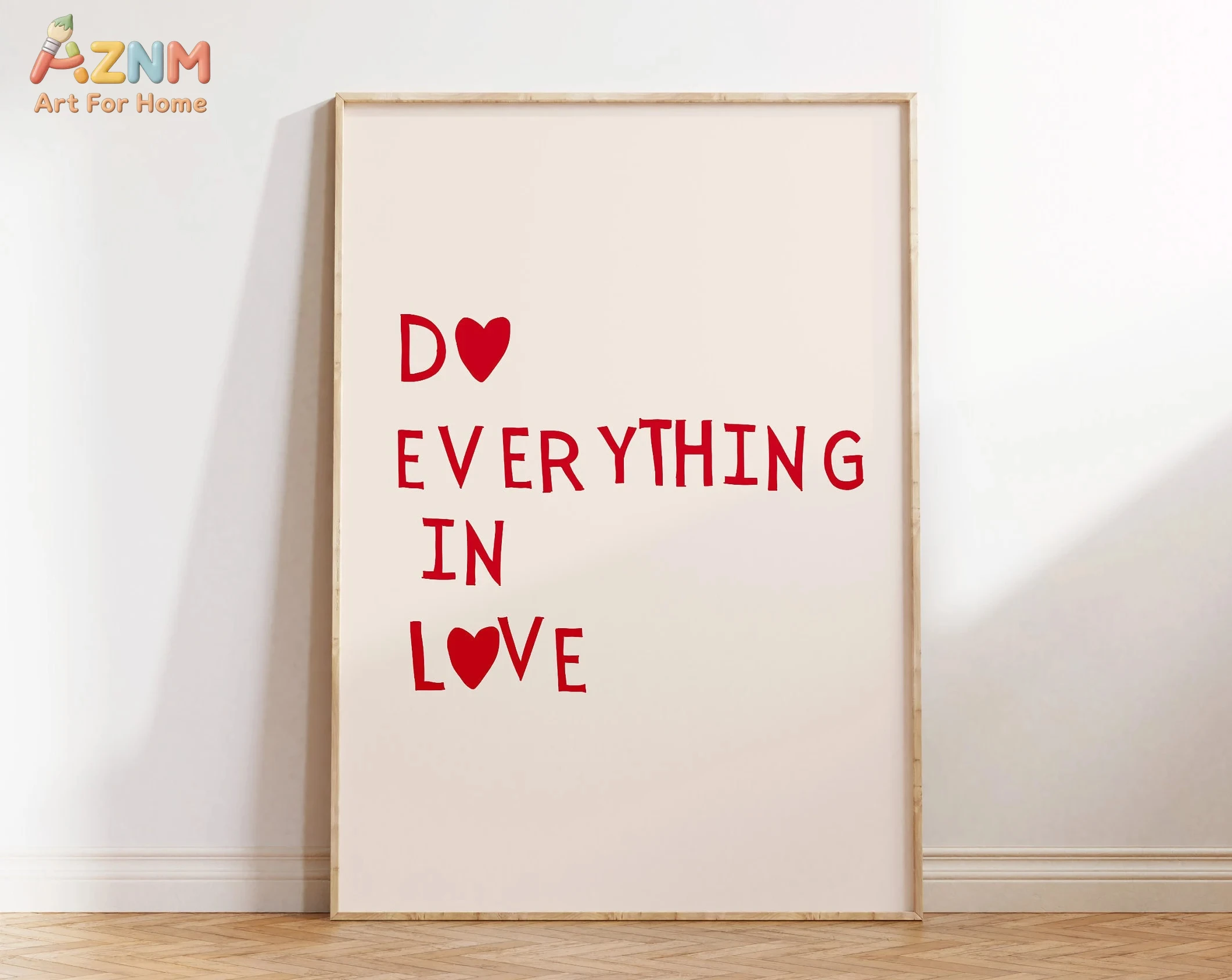 AZNM Do Everything In Love Motivational Quote Canvas Wall Art, Modern Minimalist Red Heart Typography Print Poster, Unframed Sin