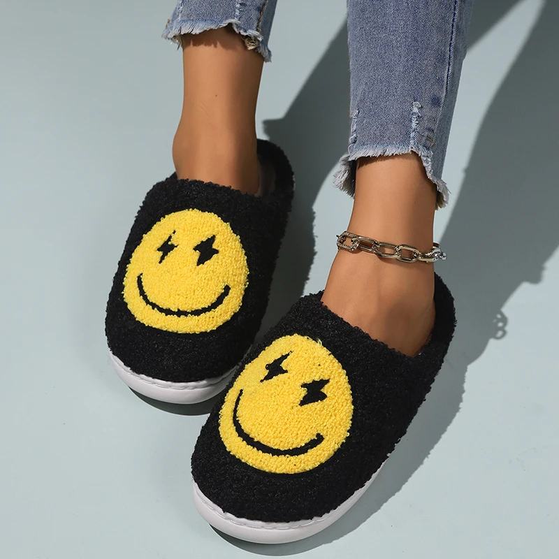 Cartoon Yellow Smile Slippers Women 2023 Winter Soft Sole Fluffy Fur Slippers Woman Flat Heels Plush Bedroom Home Cotton Shoes