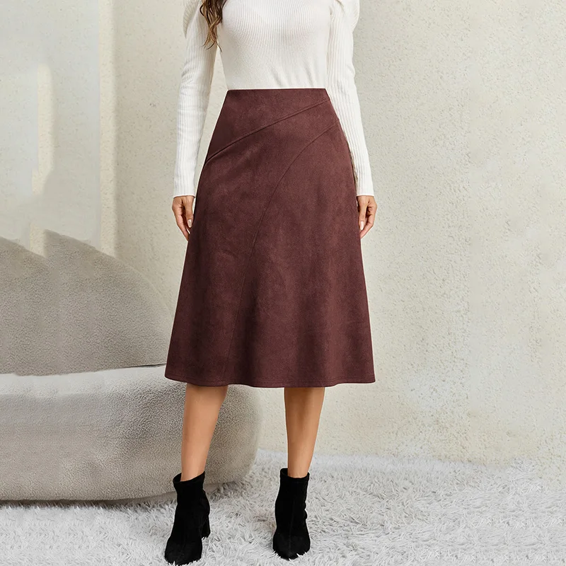 Elegant Faux Suede A Line Skirts Women Autumn Winter Zipper High Waisted Midi Skirt Woman Solid Color Patchwork Thick Skirts