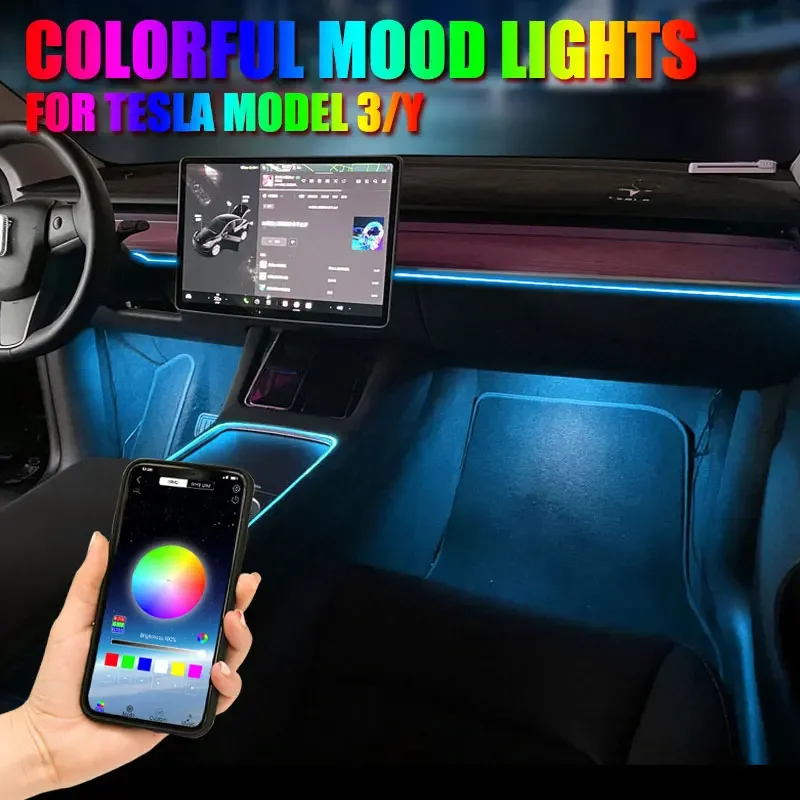 Console centrale Dashboard Neon Light Tubes per Tesla Model 3 Model Y 2021- 2024 RGB interni LED Strip Lights con Controller App