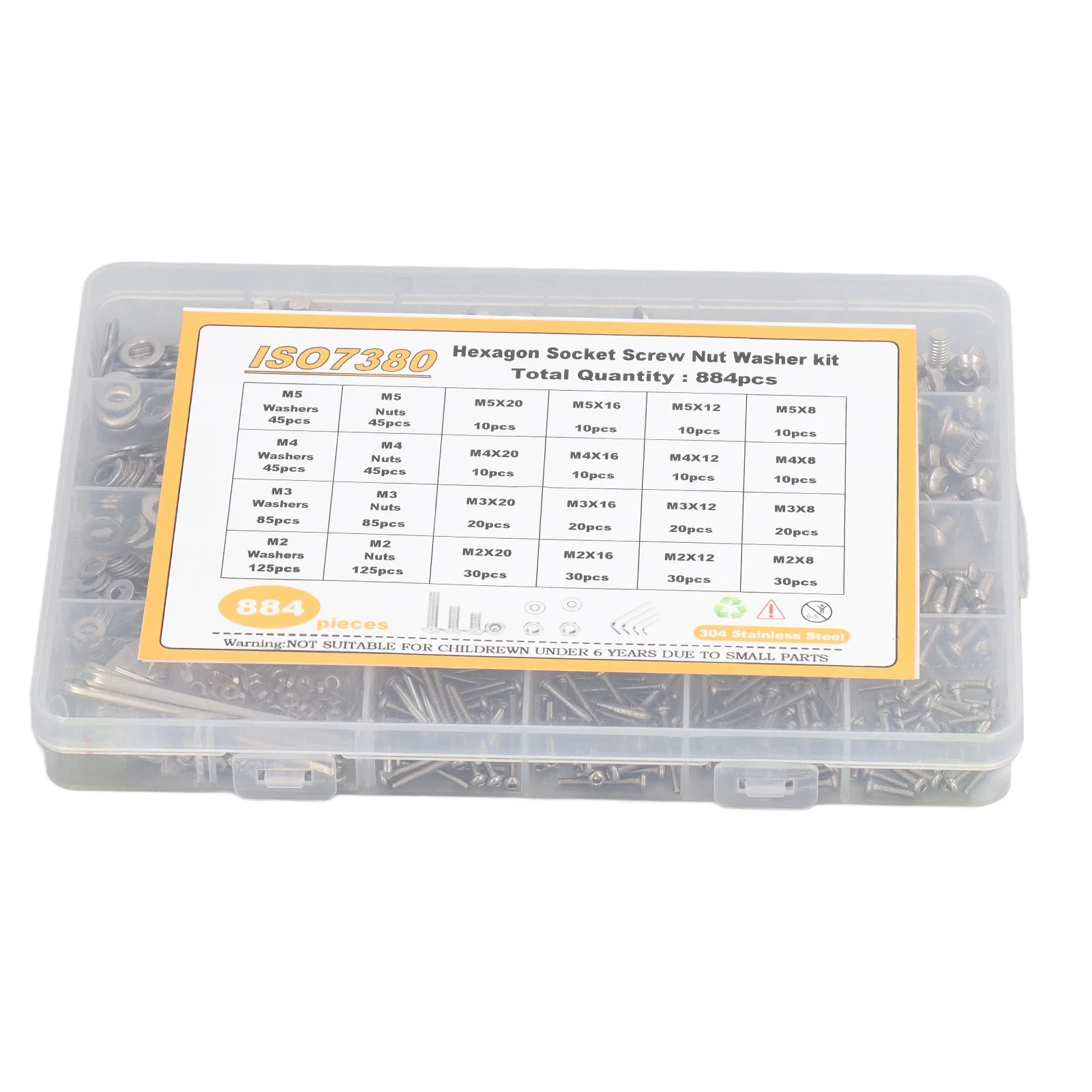 884 Pcs Stainless Steel Screw Nut Washer Wrench Kit M2 M3 M4 M5 Half Round Head Hex Socket Screws Nuts Washers Wrench Set
