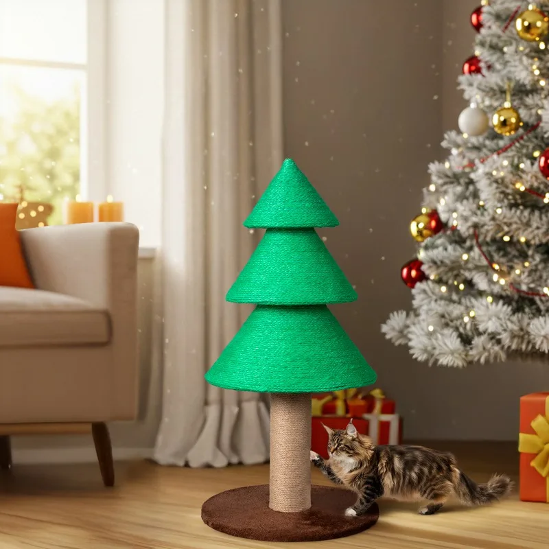 

A Three-Tiered Cat Scratching Post for Christmas Featuring a Flannel Base, in a Genuine Green Color, Designed for Small Cats