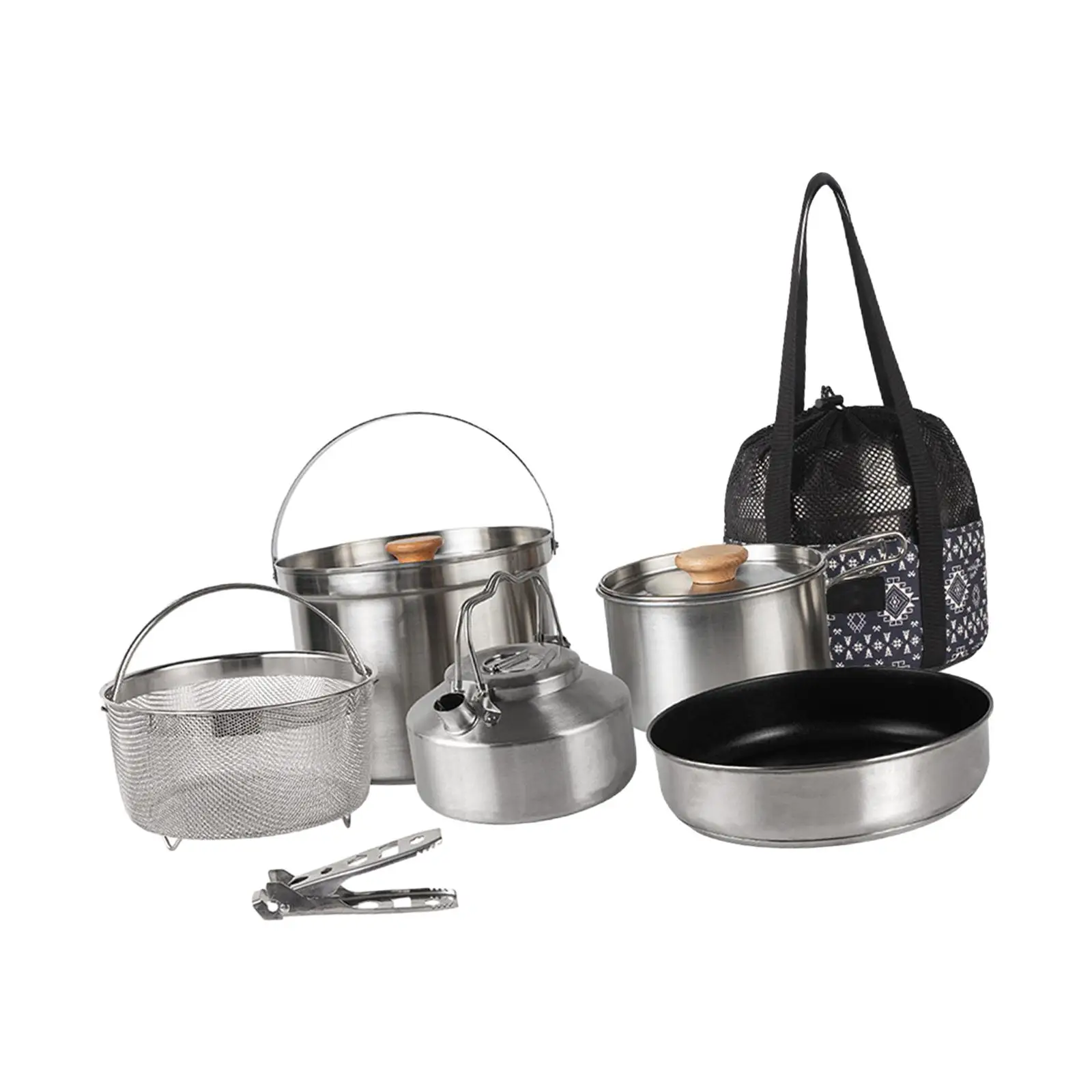 Stainless Steel Pot Set Outdoor Camping Family Pot Set Portable Picnic Soup Pot Frying Steaming Household Cookware Pot