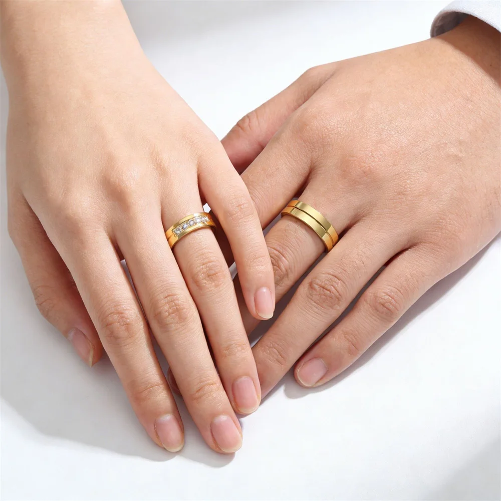 I Love You Couple Rings 6mm Gold Silver Color Stainless Steel Crystal Marriage Wedding Promise Rings for Lovers Jewelry Gift