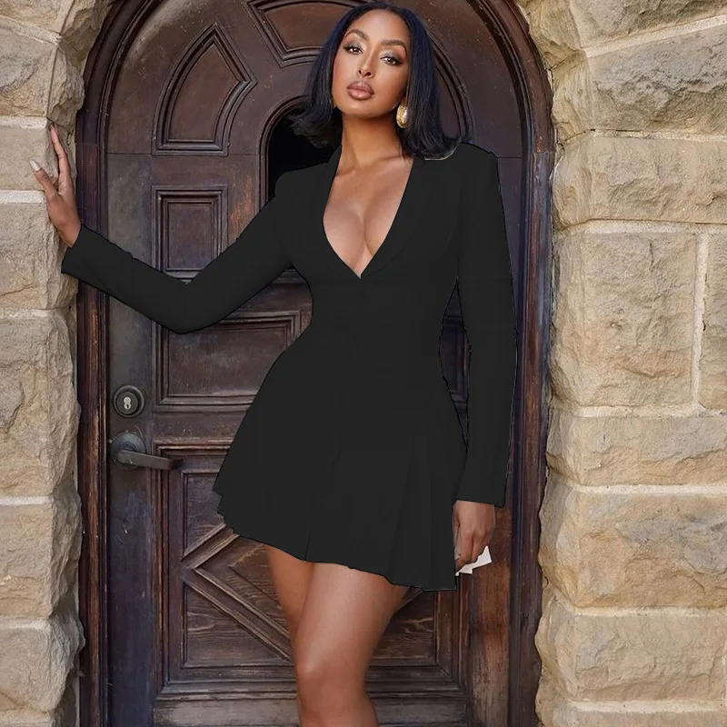 

Women's fashionable and sexy solid color single-breasted pleated skirt deep V long-sleeved dress
