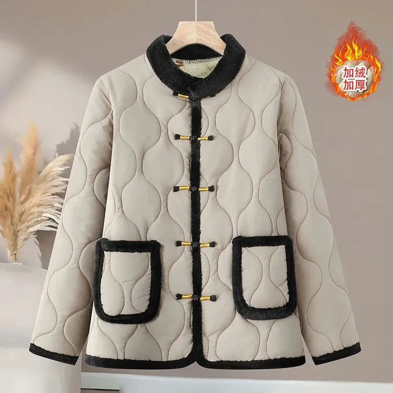 Autumn Winter New Casual Small Cotton-Padded Jacket Fashion Jacket Women's Light Round Neck Pocket Warm Cotton-Padded Jacket