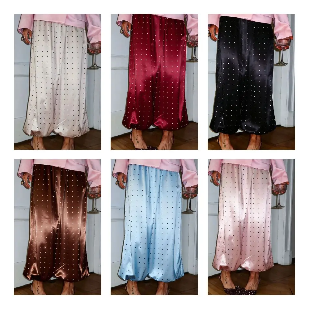 Satin Polka Dots Long Pants Elastic Waist Harem Pants Women's Wide Leg Trousers Breathable Lazy Style Straight-Leg Pants