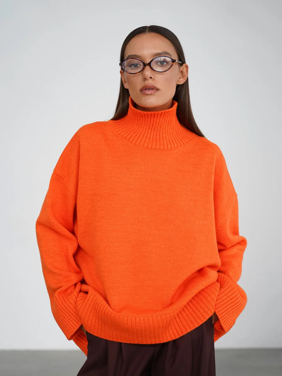 

2025 Casual Knitwear Sweater Pullover Turtleneck Top For Women Ribbed Loose Long Sleeve Solid Elegant Top Knit Female Pullover