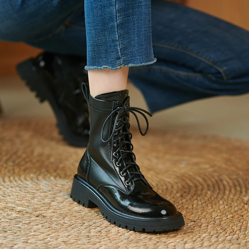 2024 New Genuine Leather Winter ZIP Stretch Women Boots Fashion Round Toe Chunky Heel ANKLE Boots Platform Shoes Women Shoes