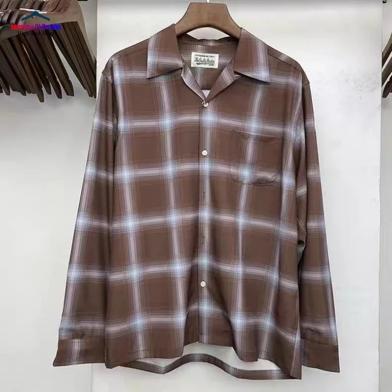 WACKO MARIA Blue Red Brown Check Autumn Shirt Best Quality Mens Womens Casual Brand Hawaii Long Sleeve Shirt