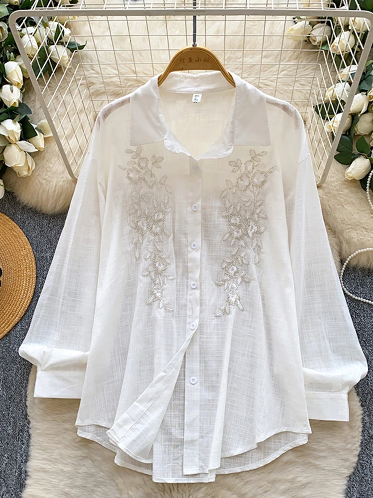 

Spring Summer French Embroidery Diamond Inlaid Versatile Shirt for Women New Long Sleeved Loose Cardigan Simple Ethnic Top D88