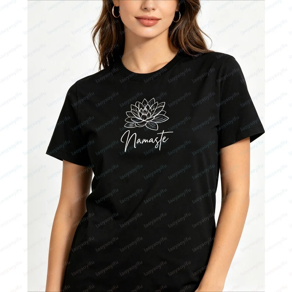 Women Summer Short Sleeve Fashion T Shirt Namaste Lotus Graphic Print Crew Neck Soft Cotton Fit Meditation Daily Casual Tee Top